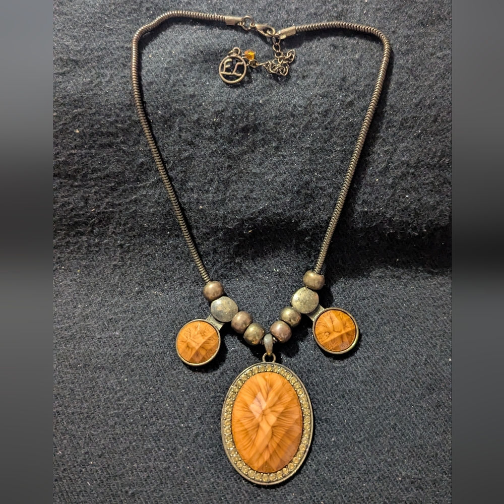 Erica Lyons Bronze Tone Brown And Yellow Rhinestone Pendant Statement Necklace